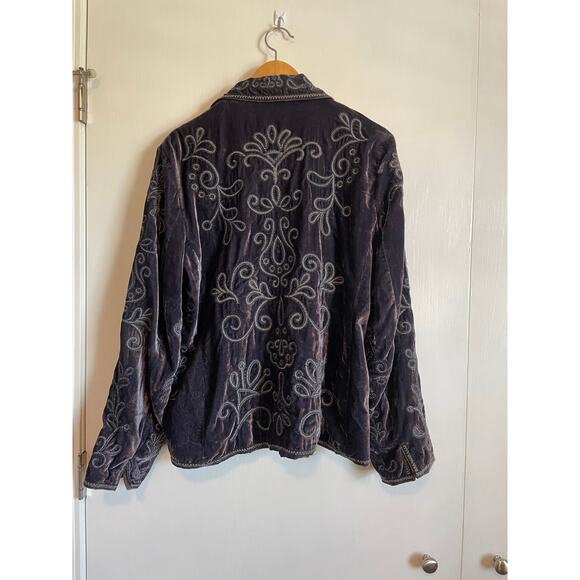 Laura Ashley blue velvet embroidered blazer lined collar snaps pockets Large - Picture 2 of 8